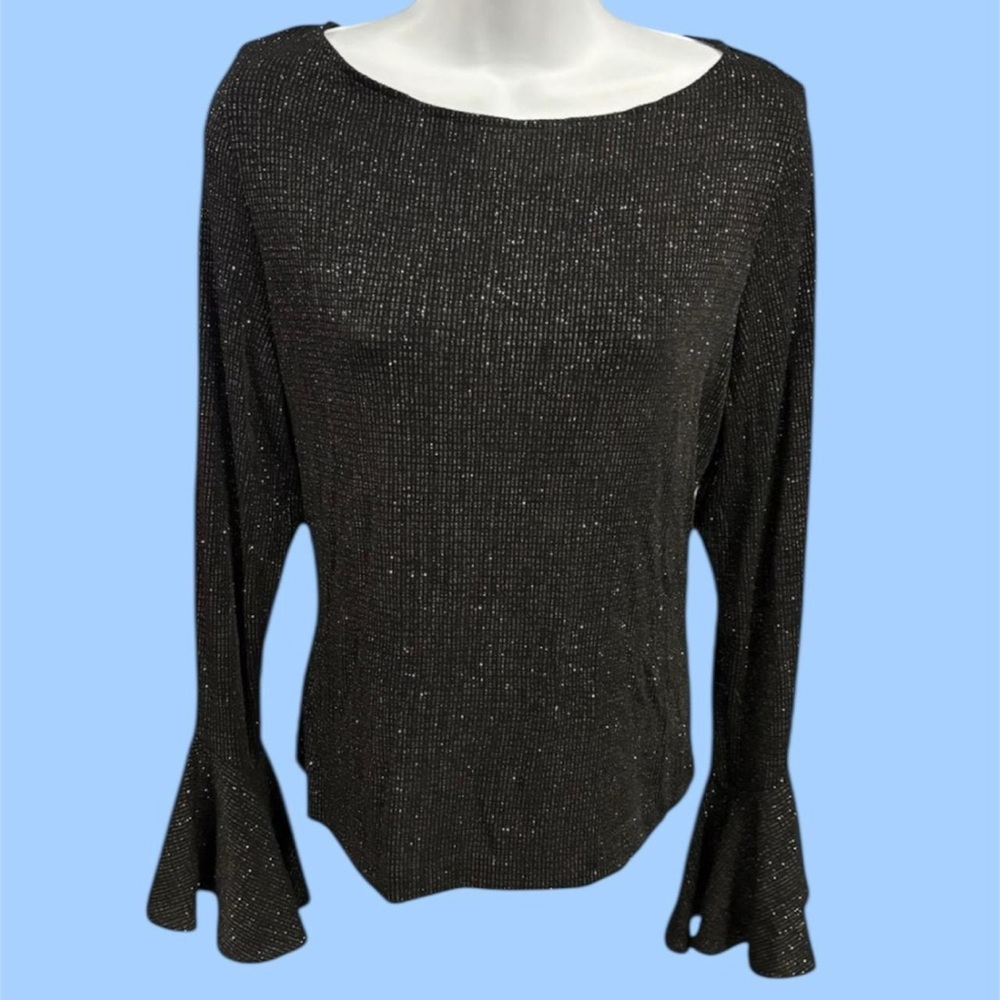 Vintage Whimsigoth Black Glitter Flare Sleeve Top